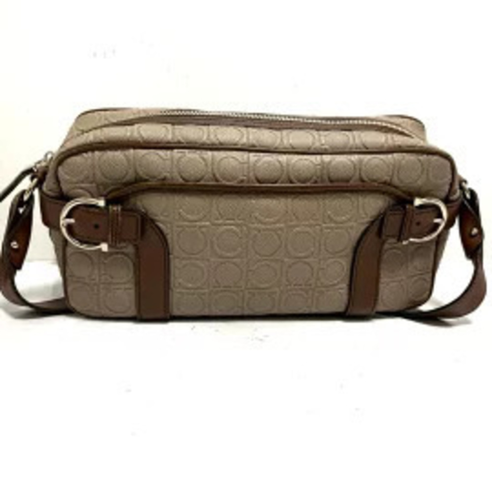Salvatore Ferragamo Gancini Shoulder Bag Embossed Beige Cream Brown Leather